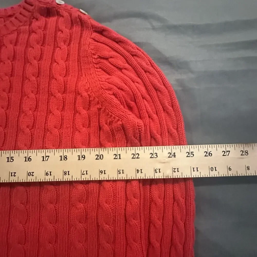 Lands End Cable Knit Sweater Cherry Red Womens XL Crewneck Shoulder Button
